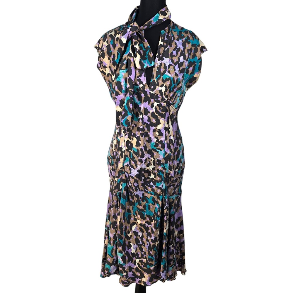 Diane von Furstenberg Silk Leopard Print Tie Neck Midi Dress Purple Teal Size‎ 8